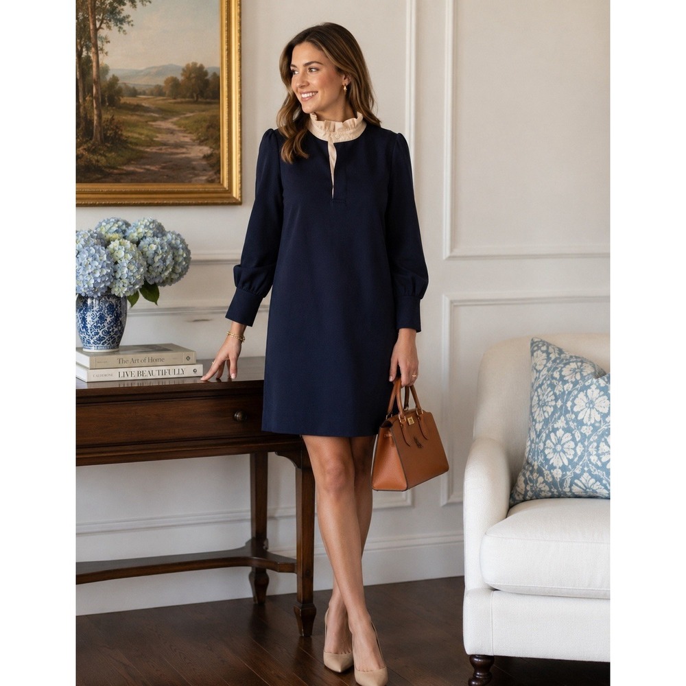 Pomander Place by Tuckernuck‎ Charlotte Terry Shirt Dress S Navy Ruffle Collar